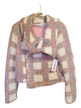 Hyfve Pastel Plaid Sherpa Teddy Jacket M NWT Cozy Fleece Cropped Wrap Coat